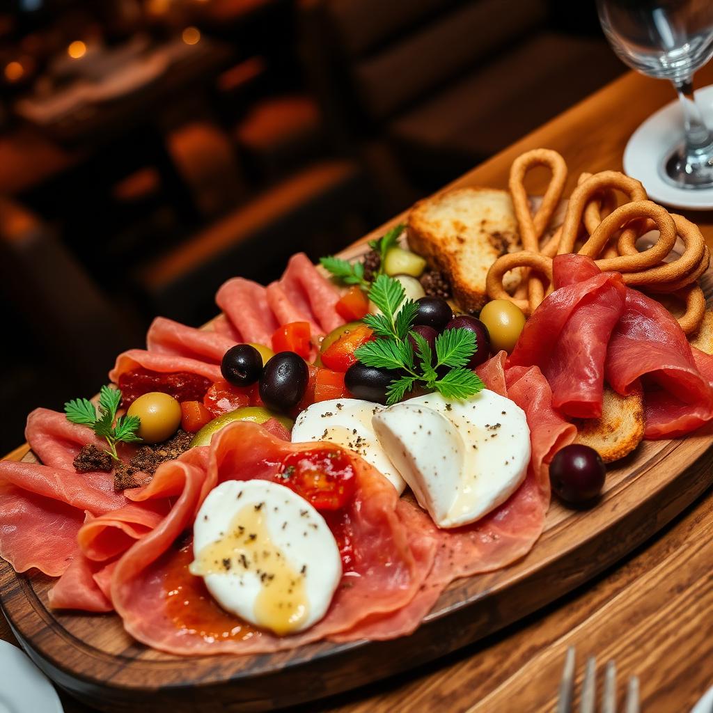 Tagliere di antipasti italiani con salumi, mozzarella, olive e bruschette