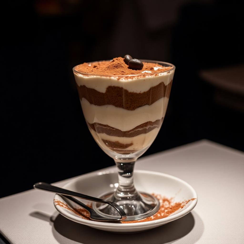 Tiramisù classico in bicchiere con cacao amaro e chicchi di caffè