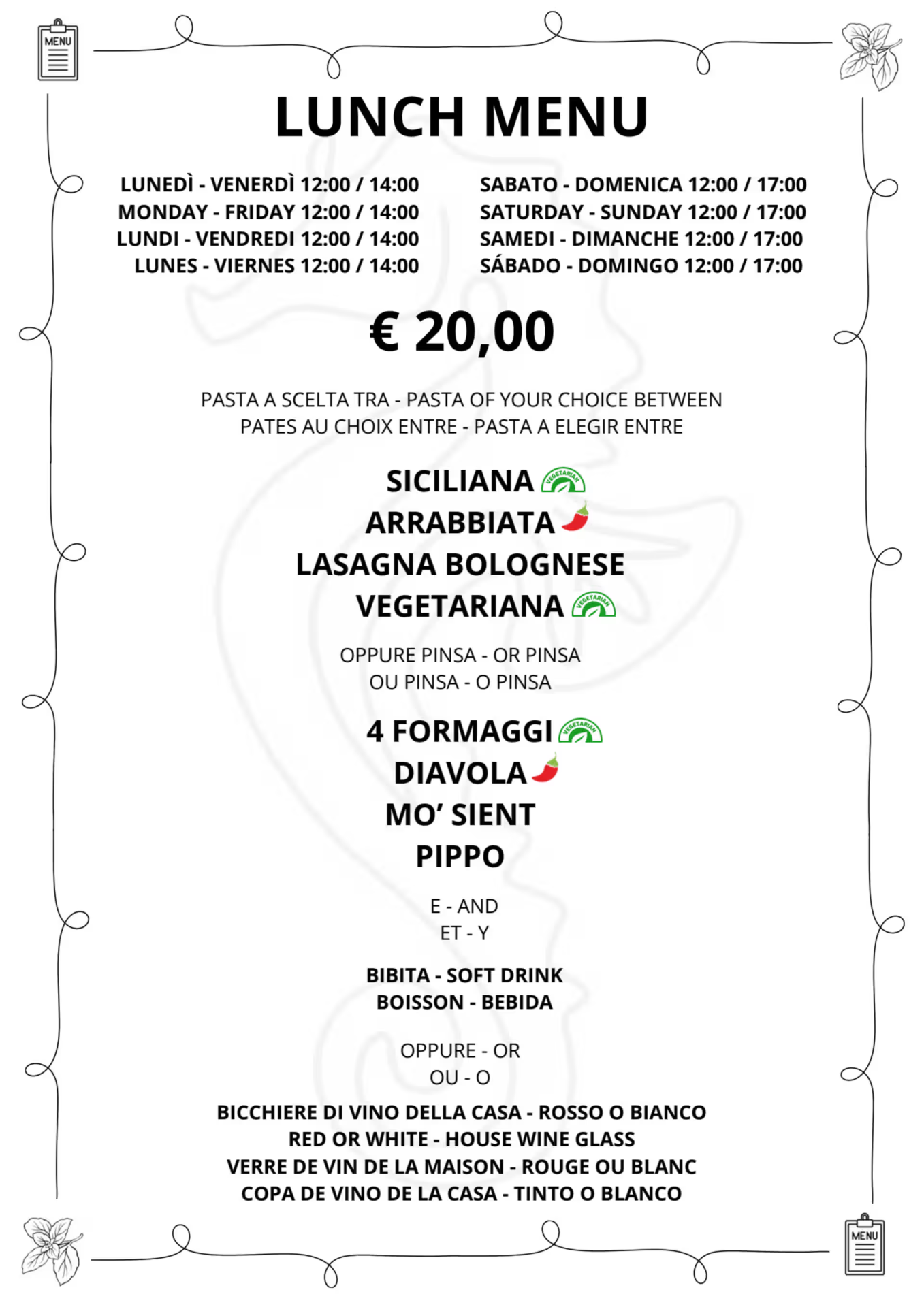Lunch Menu di Sta Senza Pensieri a 20 euro con pasta o Pizza Romana e bevanda
