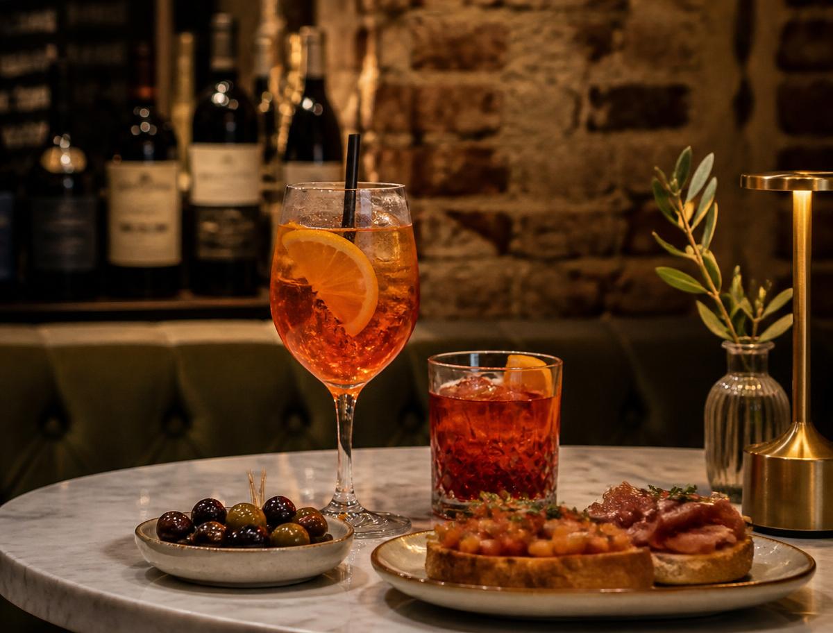 Aperol Spritz, Negroni, olive e bruschette sul tavolo del bar